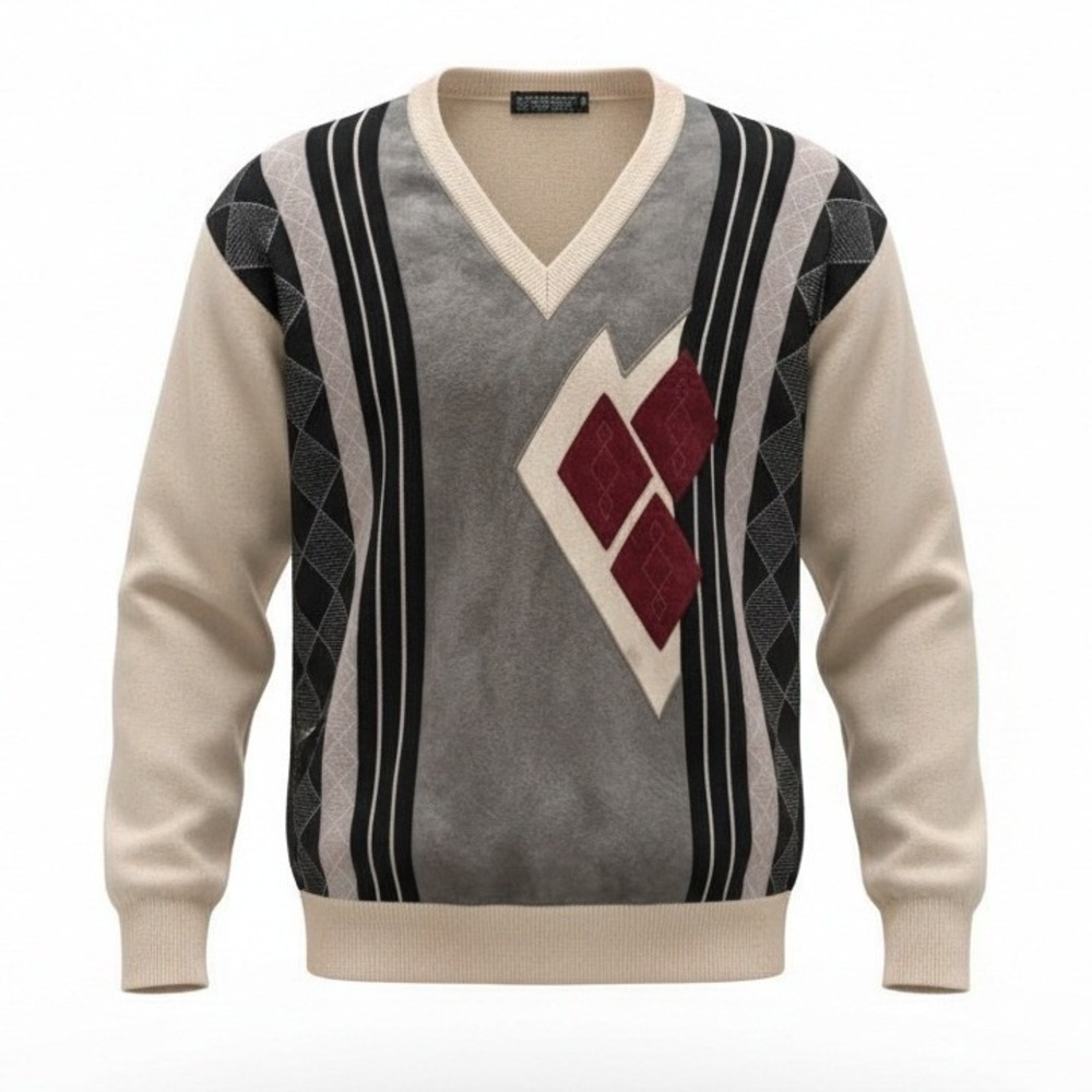 VTG Franco Ponti Mens V Neck Marino Sweater Italian Argyle Diamond Pattern Large